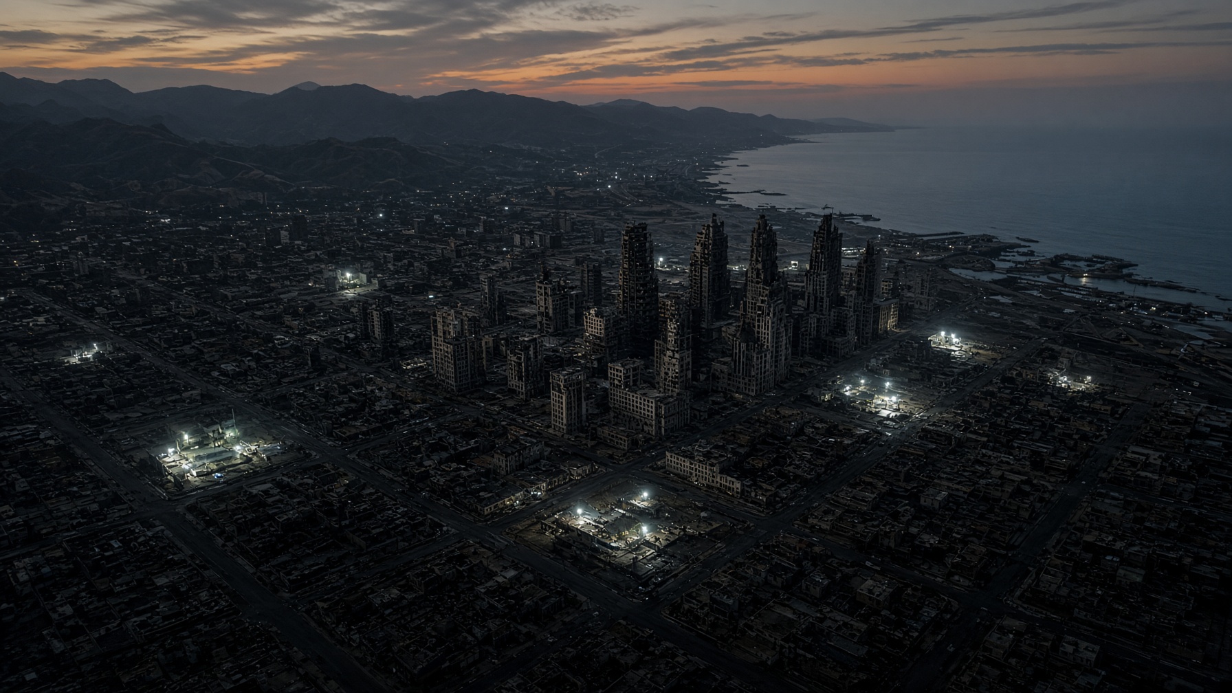 The dead city from the air. Smoke still rising.