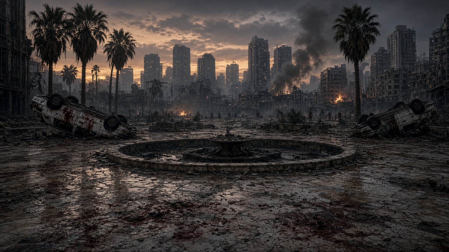 Ruined downtown plaza at dusk, fires in the distance